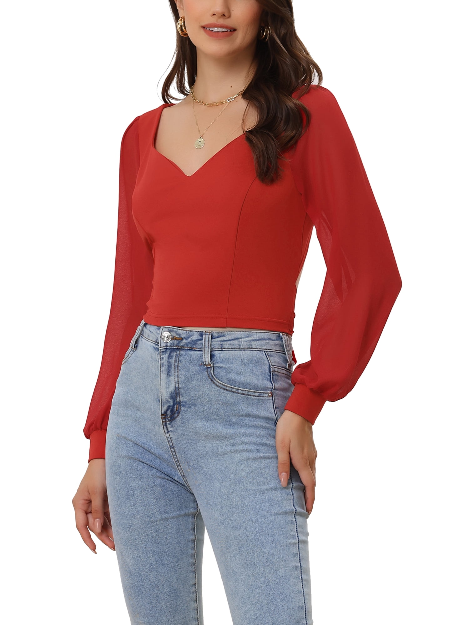 Unique Bargains Women's Tie Back Long Sleeve Banded Cuff Sexy Sweetheart Neck Blouse