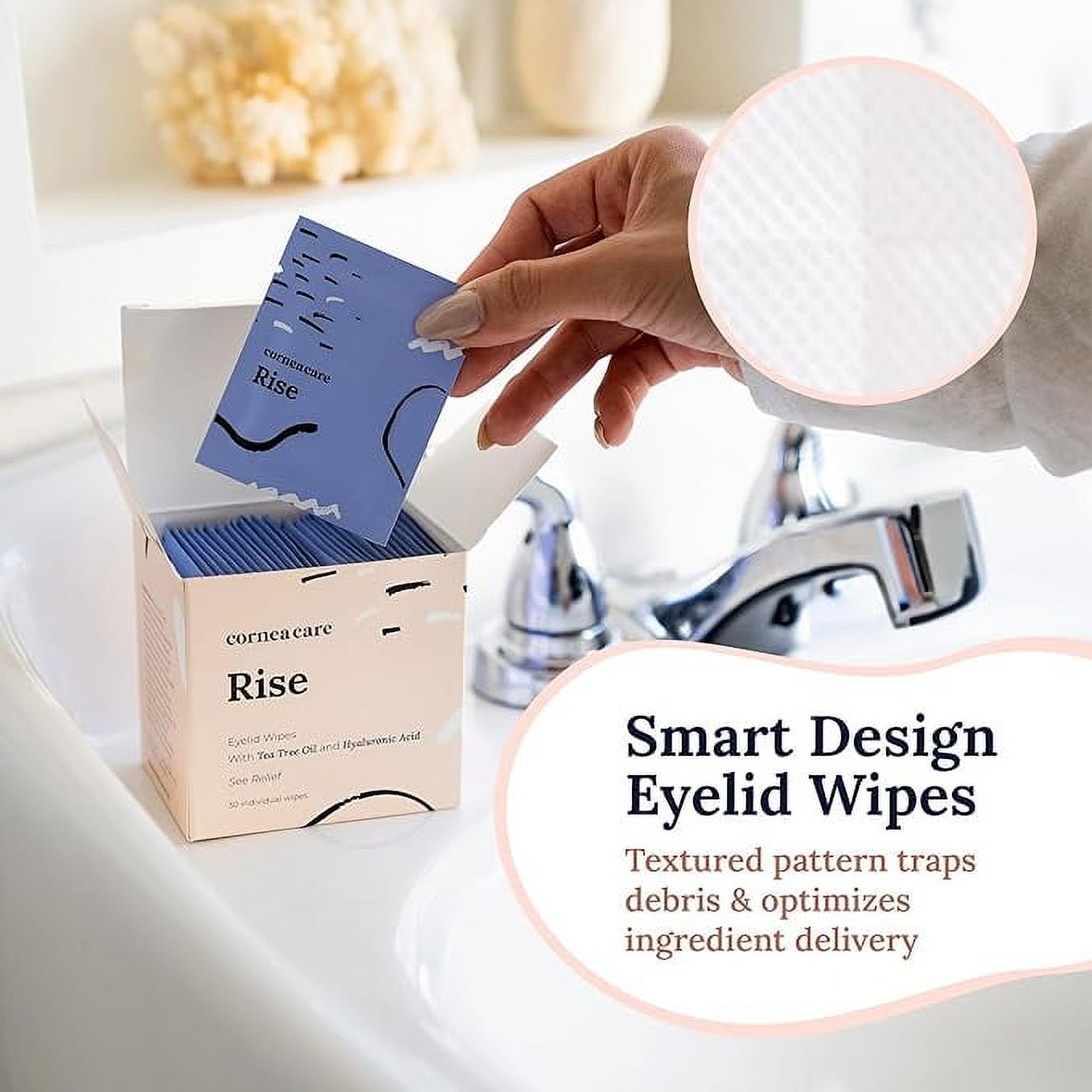 Rise - Eyelid Wipes, w/Tea Tree Oil & Hyaluronic Acid | Eyelid Wipe | Dry Eye Relief | Eye Wipes for Dry Eyes | Travel Ready | 30 Count | FSA or HSA Eligible