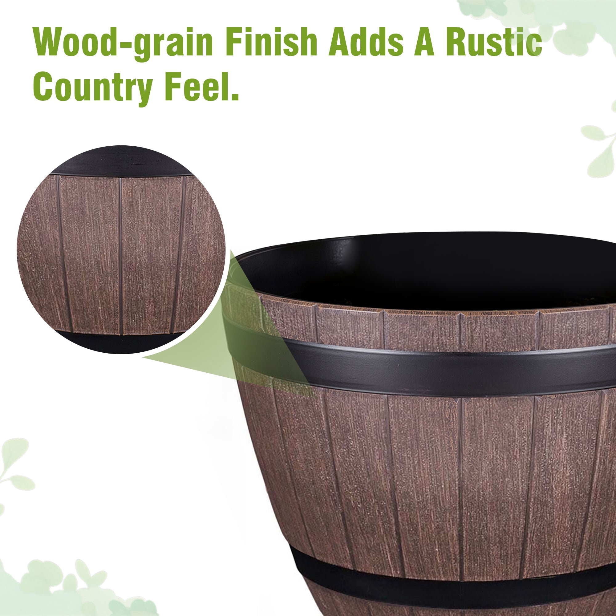 VECELO 3 Pack 13 inch Plant Pots, Whiskey Barrel Planters with Drainage Holes & Saucer, Plastic Imitation Wine Barrel Decoration Flower Pots, for Indoor & Outdoor Garden Home Plants, Reddish-Brown