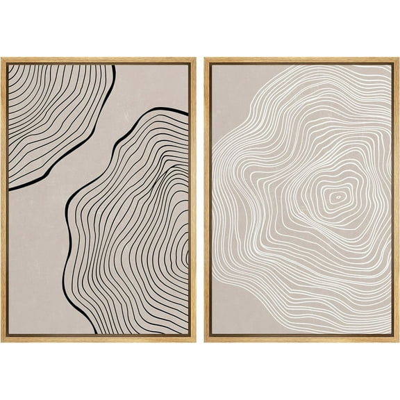 IDEA4WALL Framed Canvas Print Wall Art Set Black Tan White Tree Wood Ring Collage Wall Decorative Bohemian Retro Nature Painting Artwork for Living Room, Bedroom, Office - Natural 24"x36"x2