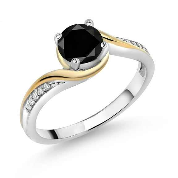 Gem Stone King 925 Silver and 10K Yellow Gold Ring Round Black Diamond and Moissanite (1.10 Cttw, Size 6)