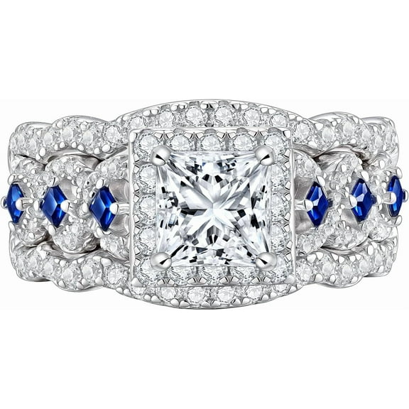 Princess Moissanite Engagement Ring for Women 925 Sterling Silver Wedding Band Rings Blue Sapphire Bridal Sets Promise Ring, Size 7