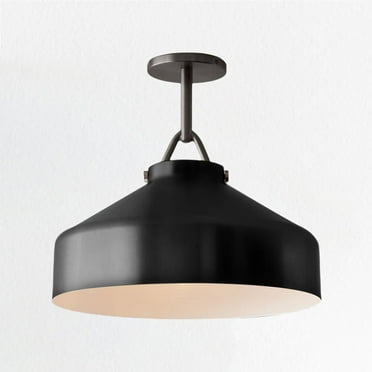 Industrial Round Matte Black Shade 16 Inch Semi Flush Mount with Black Pole, Hand-polished Ceiling Light with Metal, Unique Elegant Ceiling Lamp, Close to Ceiling Light for Living Room, Dining Room