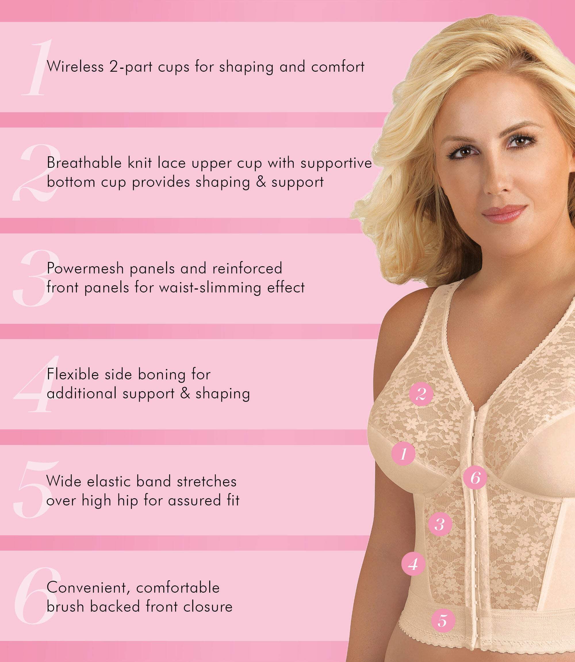 Exquisite Form 5107565 Fully® Slimming Wireless Back  Posture Support Longline Bra with Front Closure  Lace