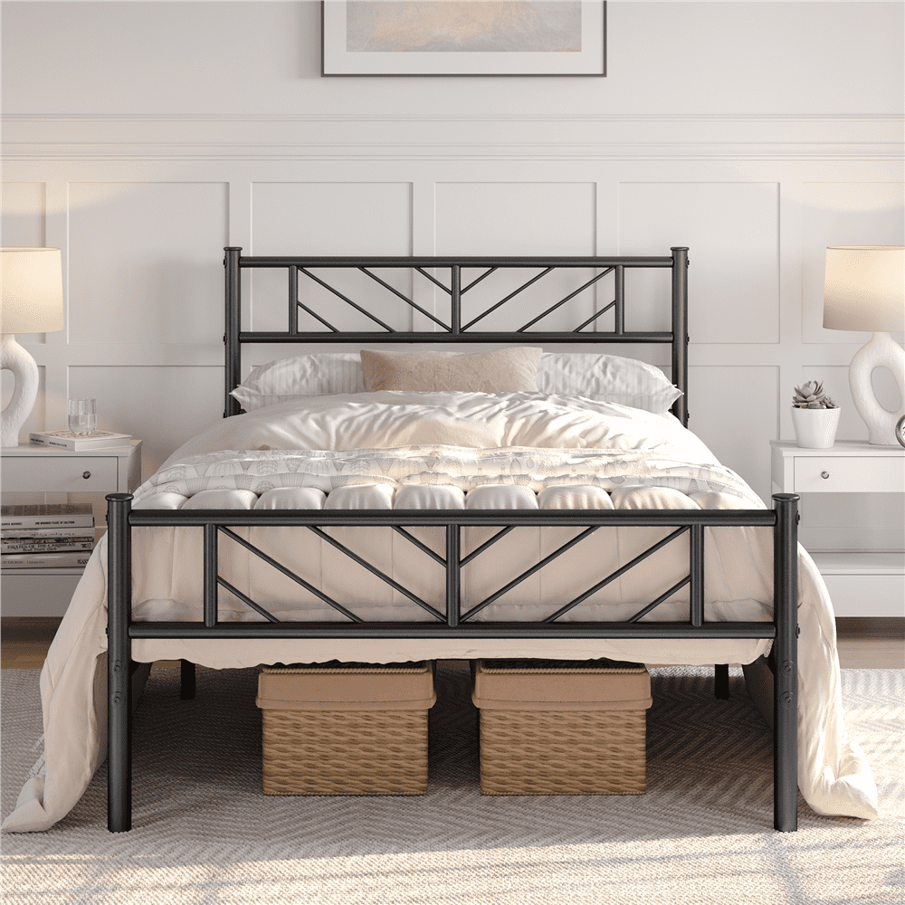 Topeakmart Twin Size Metal Platform Bed Frame with Headboard and Footboard, Black