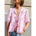 thumbnail image 3 of Musuos Women Loose Blouse, Short Sleeve Tie-up Plaid Elegant Summer T-shirt Streetwear for Casual Daily, 3 of 10