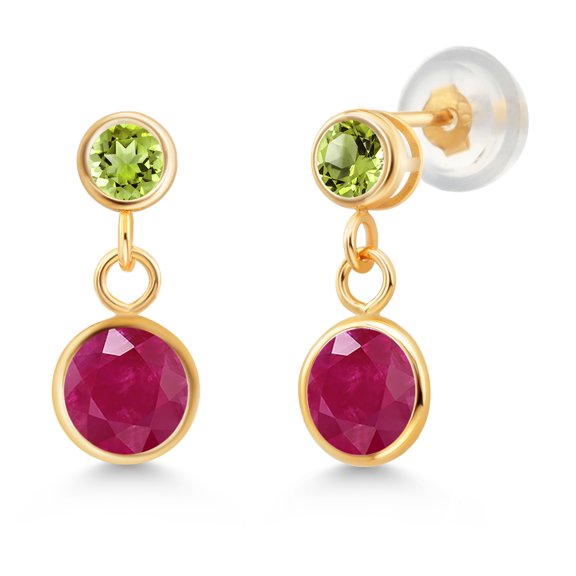 Gem Stone King 14k Yellow Gold Red Ruby and Green Peridot Two Stone Dangle Earrings for Women (2.24 Cttw, Gemstone July Birthstone, Round 6MM, Round 3MM)