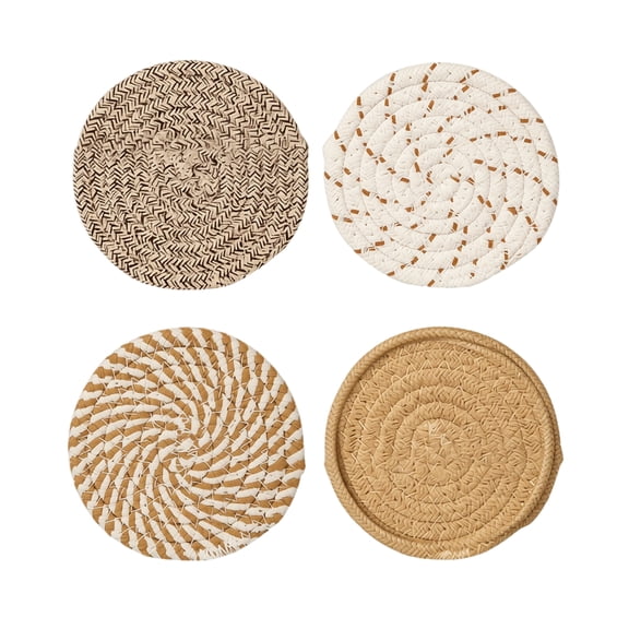 Round Woven Coasters Set of 4, Heat Resistant Absorbent Braided Linen Blend Table Coasters, Decorative Rustic Drink Coasters for Mugs Cups Glasses, Non Slip Woven Table Mats for