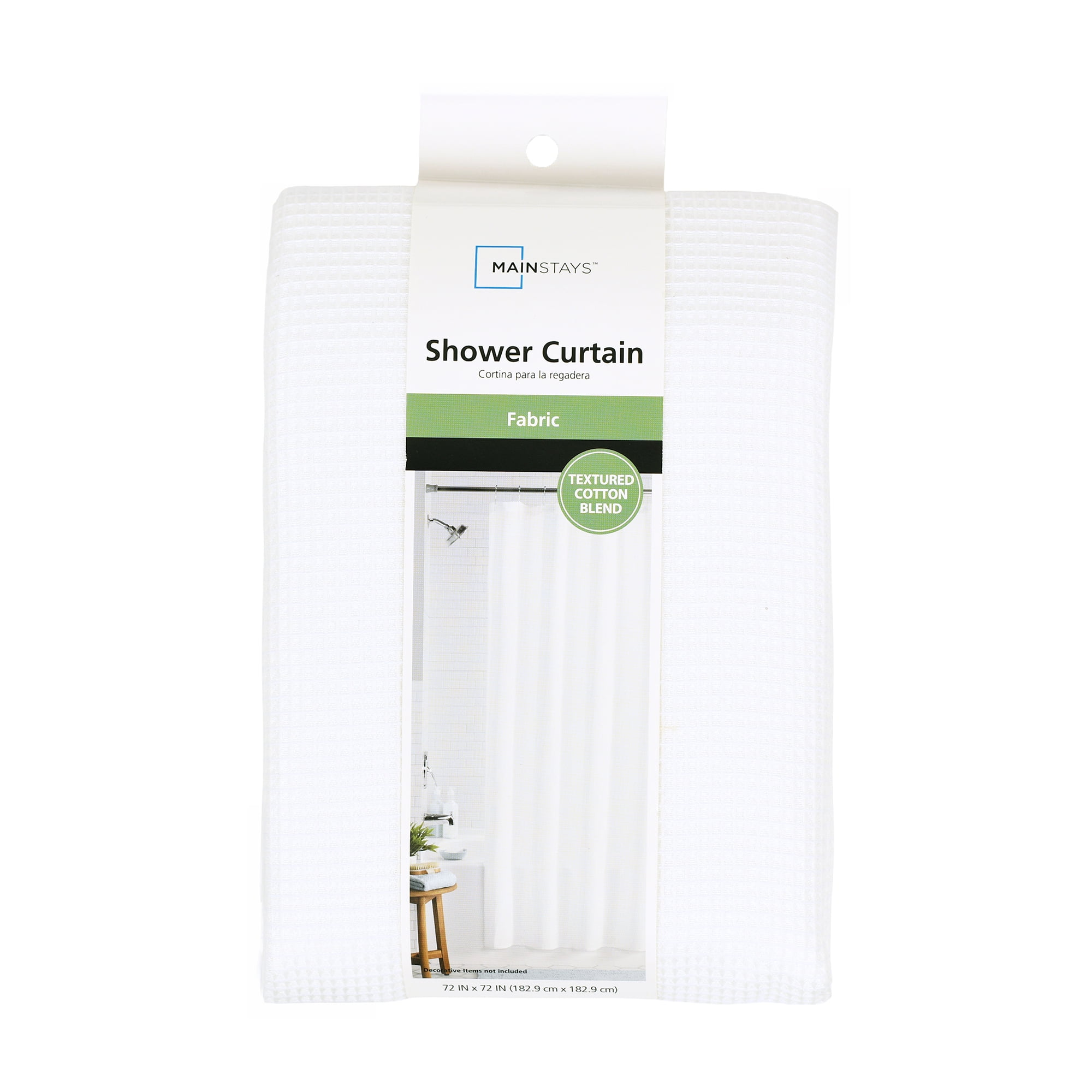 Mainstays Waffle-Weave Fabric Shower Curtain, Textured Cotton Blend with Recycled Polyester, 72” x 72”, Arctic White