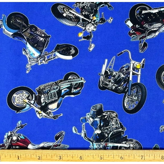 1 Fat Quarter - Classic Motorcyles on Navy Blue Cotton Fabric - 21" X 18"