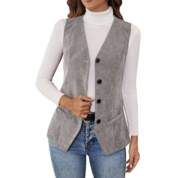 Women's Button Up Corduroy Vest V Neck Slim Fit Tops with Pockets Sleeveless Trendy Blazer Jackets Lightweight Coats Winter Snap Gilet Warm Outerwear Casual Waistcoats