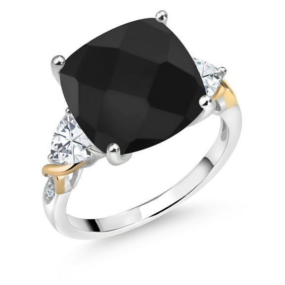 Gem Stone King 6.45 Cttw Black Onyx White Moissanite and Diamond Ring for Women | 925 Silver and 10K Yellow Gold | 12MM Cushion and 5MM Trillion | Wedding Anniversary Promise Ring| Size 8