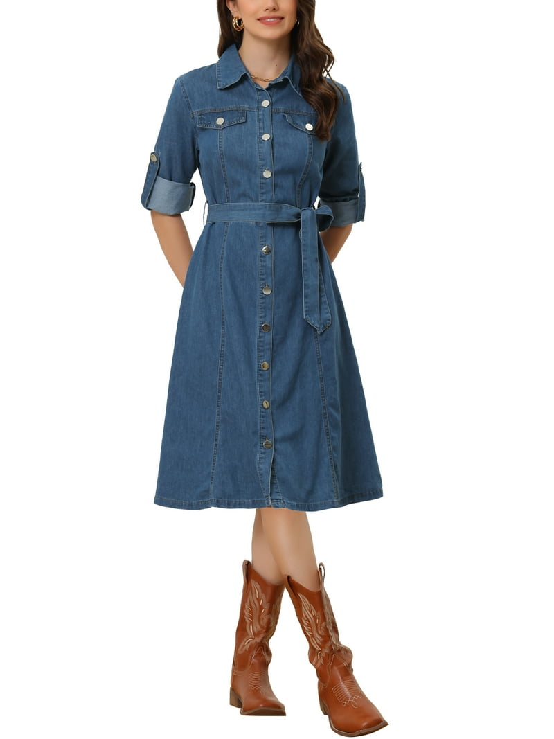 allegra k denim dress Allegra K Women's Denim Dress Button Down Collar V Neck Long Sleeve A-line  Cotton Jean Dress X-Small Black at Amazon Women's Clothing store