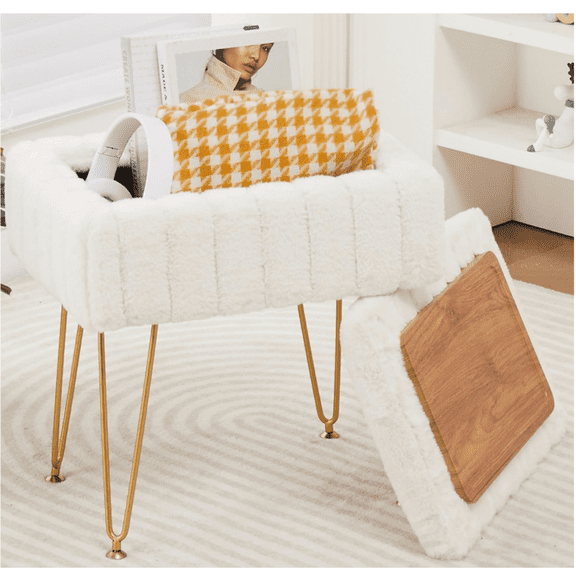 Storage , s with Metal Legs, 16.5" x 11.8" x 18" Mod Faux Mink Fur Footstool, Makeup Chair with Anti-Slip Feet, Accent Table,Footrest,Storage Bench for Bedroom
