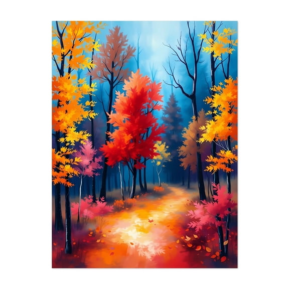 Autumn's Embrace - Painting Autumn Forest Nature Scenic Woodland Landscape Mystical Unframed Wall Art Print 5 x 7 inches