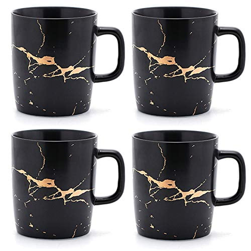 Coffeezone 12 oz Matte Ceramic Marble Tea Coffee Mugs Luxury Gold Inlay (Black, 4 Mugs Gold Marble)