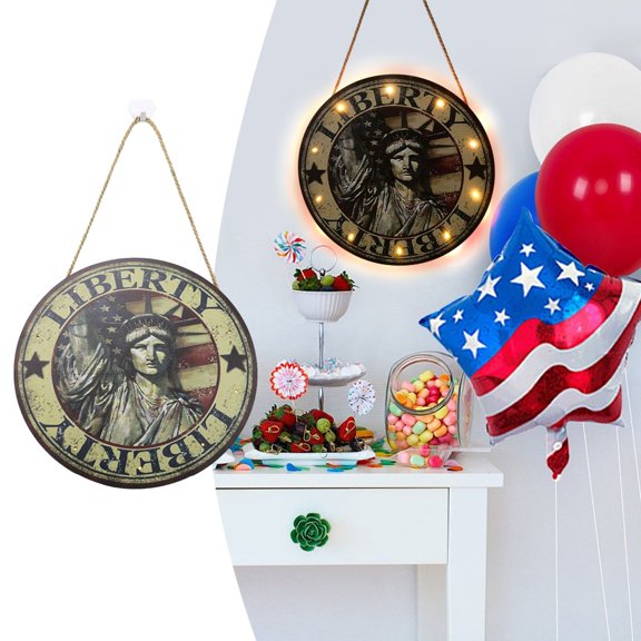 Qocolhg 12inch Independence Memorial Day Hanging Ornaments Decorations, 4th of July Hanging Door Sign with LED Light, Patriotic Door American Rustic Wooden Plaque for Wall Front Porch Farmhouse