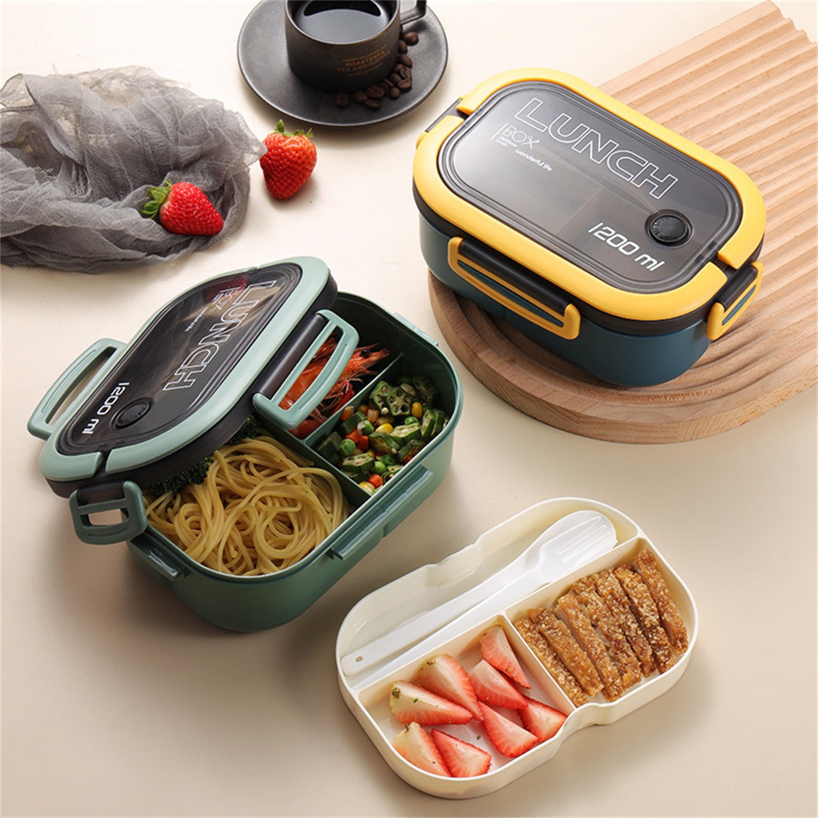 1pc Square Buckle Design Large Capacity Microwave-safe Lunch Box With  Cutlery And Dip Container, Double Layer Separated Bento Box(random Color)