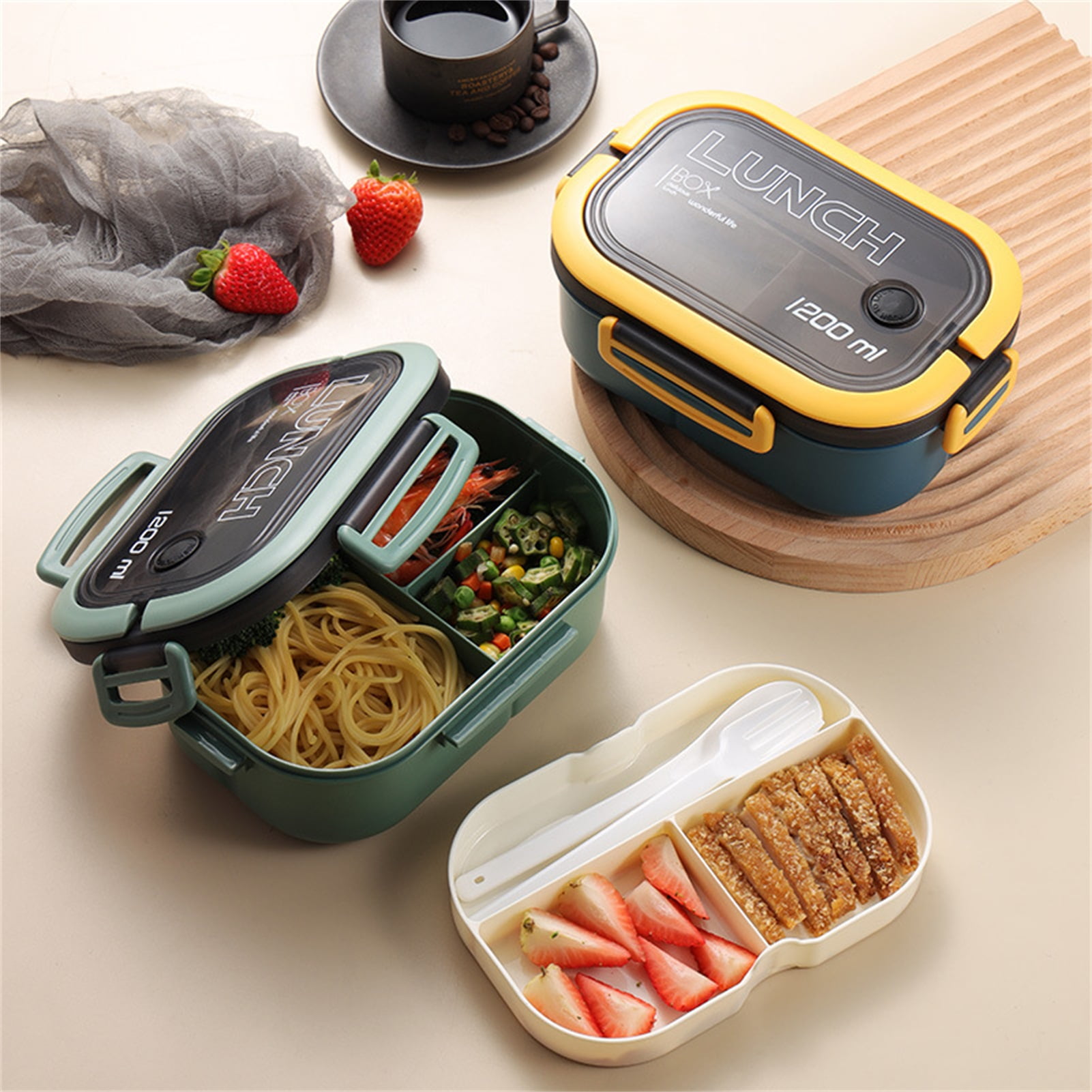 Yesbay 1 Set 1200/1700ml Lunch Box with Spoon Fork Grid Design Double Layer Food Preservation Microwave Safe Buckle Design Salad Container, Adult