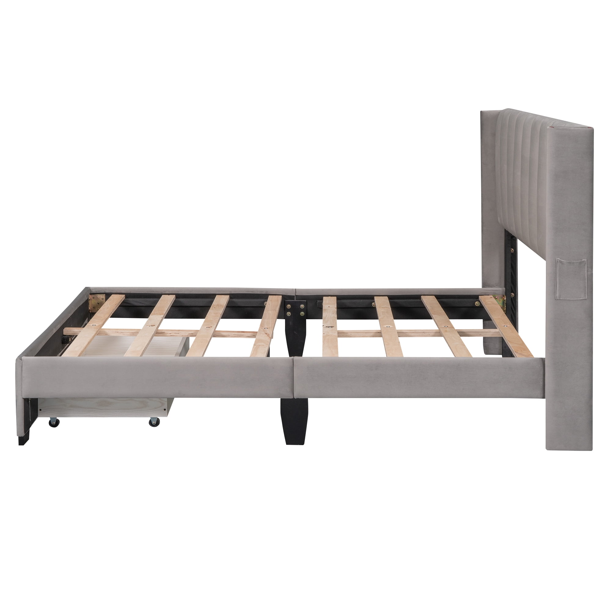 Gewnee Full Size Velvet Platform Bed with Upholstered Headboard and Storage Drawer,Gray