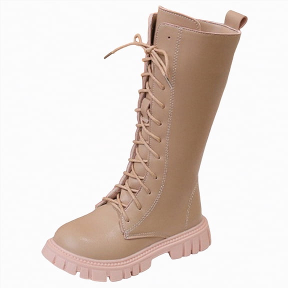 CAICJ98 Boots for Little Girls Lace Up Combat Boots Tie Side Zipper Shoe Fleece Lined Leather Shoes 2025 Winter Mid Calf Riding Boots for Girls (Little Kid/Big Kid),12