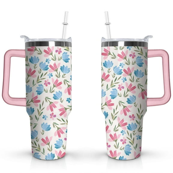 40oz Multicolored Flower Tumbler with Handle Lid and Straw,Colorful Floral Tumblers Gifts for Women Girls Men Adults(Pink)