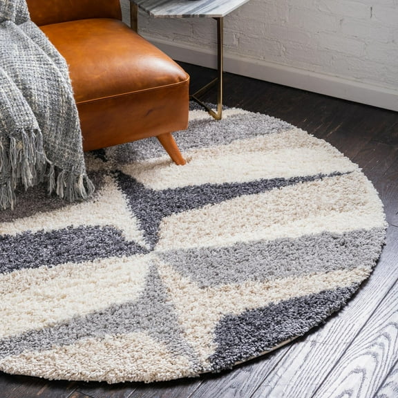 Unique Loom Hygge Shag Collection Area Rug - Balanced (3' 3" Round Gray/Ivory)