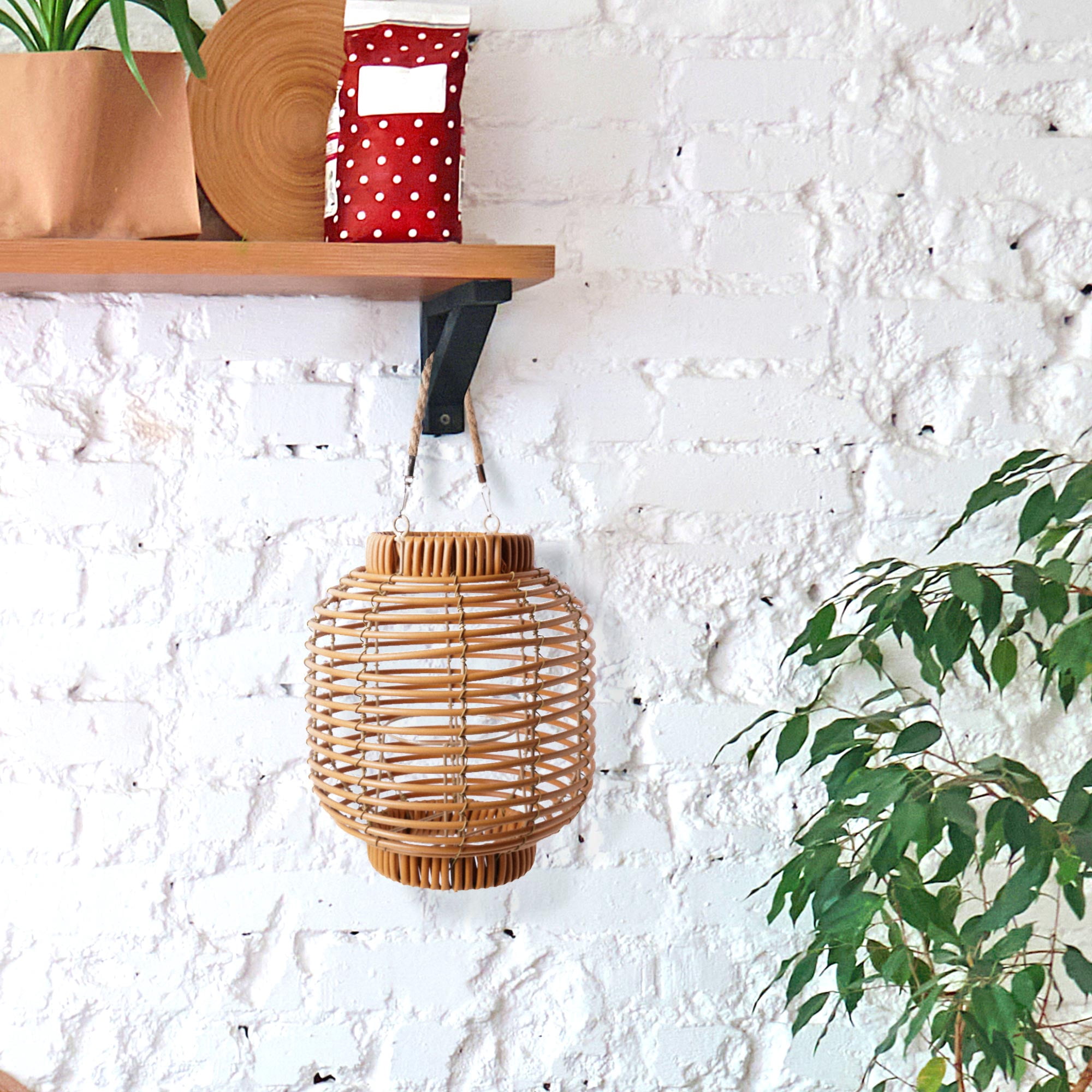 Boho PVC Rattan & Iron Hanging Lantern with Candleholder - 11" x 9.45" x 9.45"