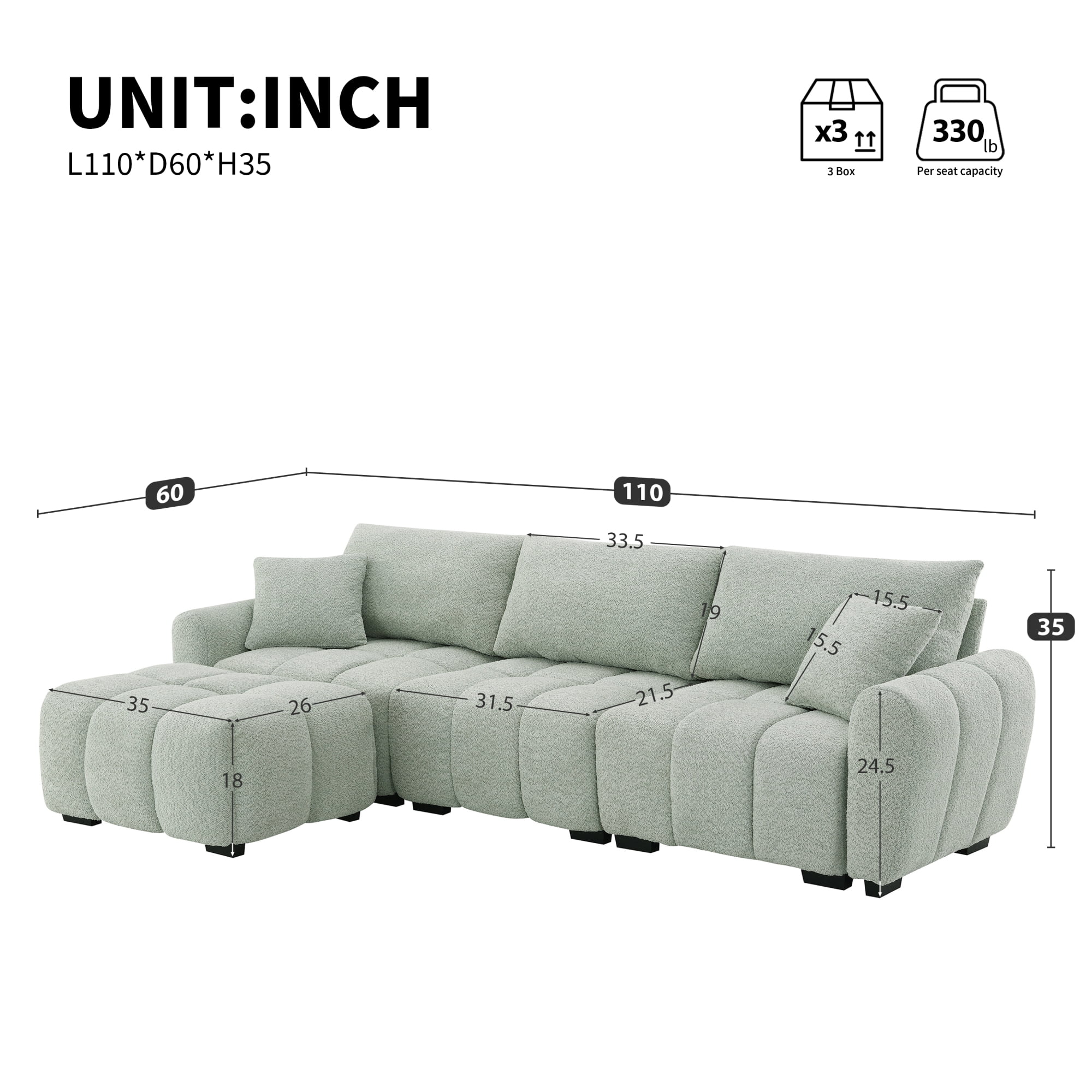 Sectional Sofa, Modular Sofa, L-Shape Couch, Boucle Sofa with Pull-Line Design and Movable Ottoman, Light Green