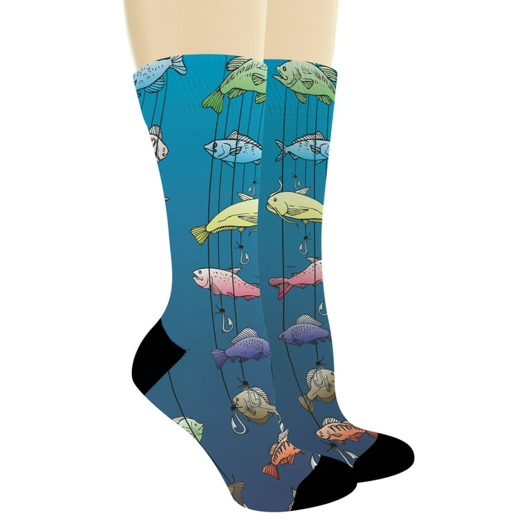 Thiswear Fishing Gifts for Men and Women Colorful Fishing Print Socks Fish Hook 1-Pair Novelty Crew Socks, adult Unisex, Size: One size, Blue