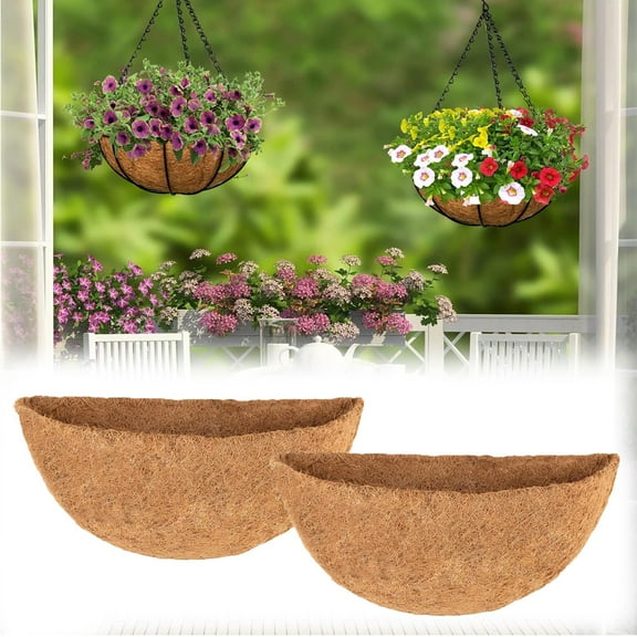 Pebbuoy 2Pcs Half Round Coco Liners Hanging Basket Coconut Fiber Plant Liner for Planters Flowers Vegetables