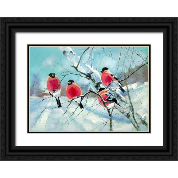 Pautov, Igor 24x18 Black Ornate Wood Framed with Double Matting Museum Art Print Titled - Bullfinches on a Birch