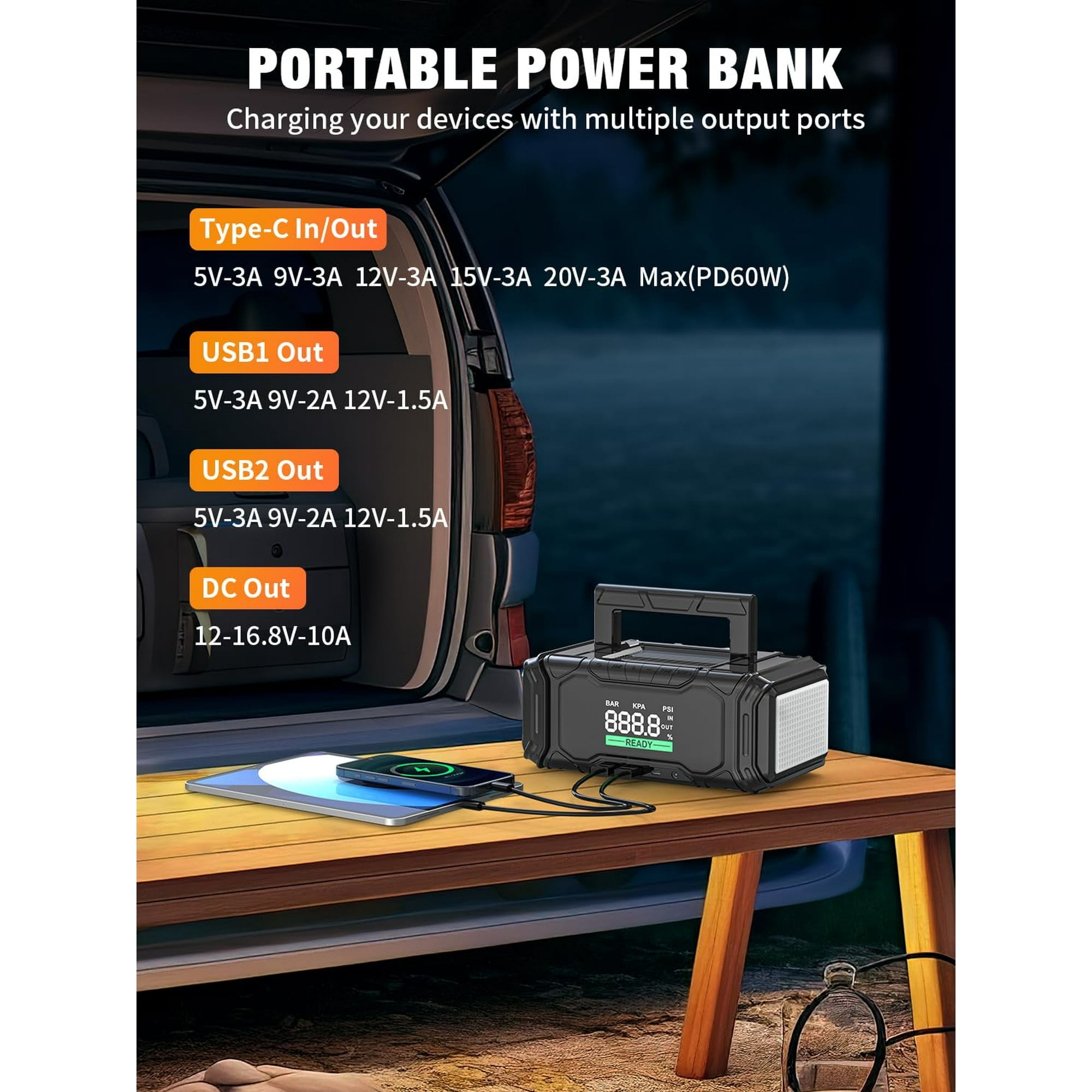 AVA POW 3000A Jump Starter with Air Compressor, 12V Car Battery Jump Starter（9.0 Gas/6.5L Diesel）with Force Start Function, 160 PSI Car Battery Charger Booster  with 60W Fast Charging