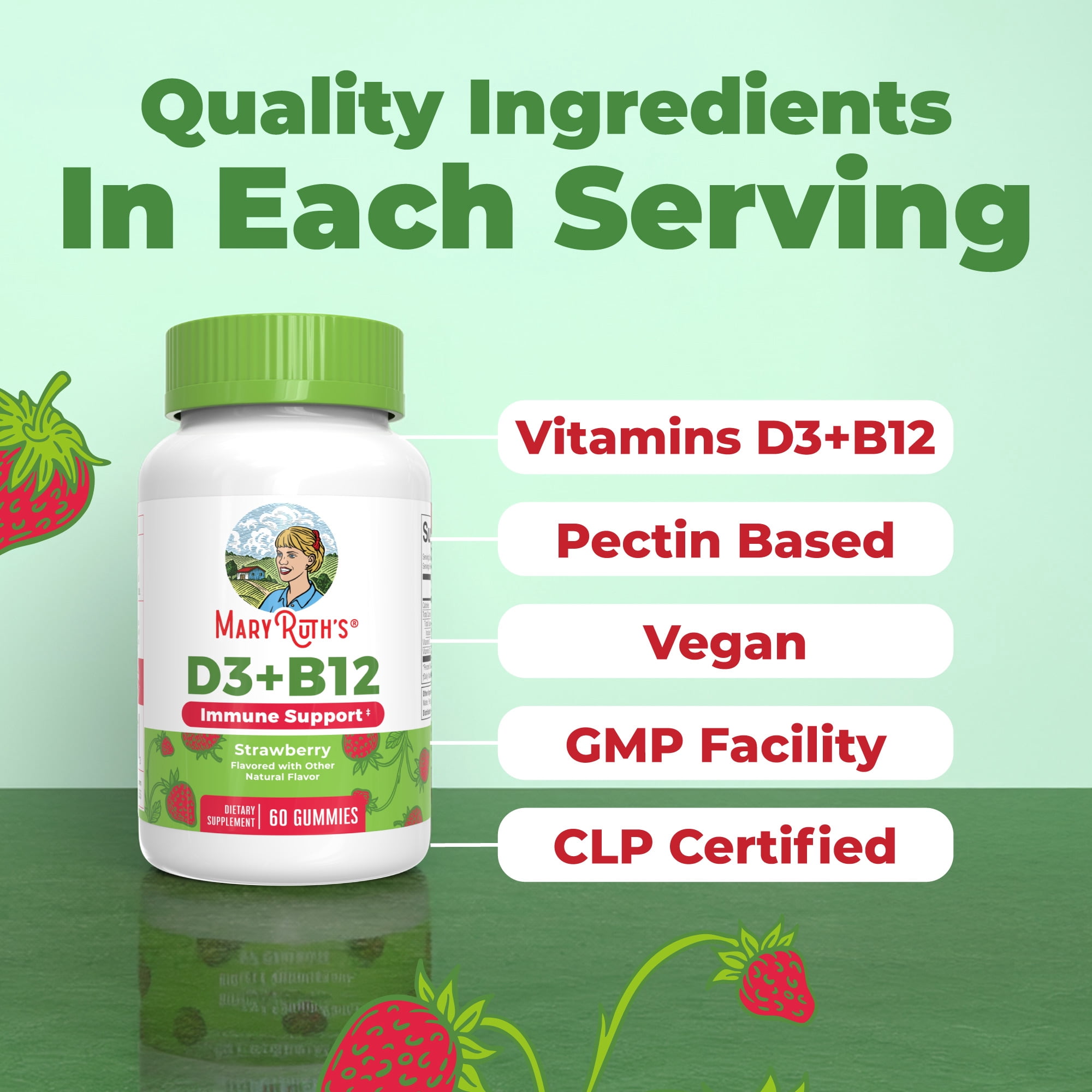 MaryRuth's Vitamin D3 + B12 Gummies Strawberry Flavor, Vegan, Non-GMO, for Adults & Kids, 60 Count