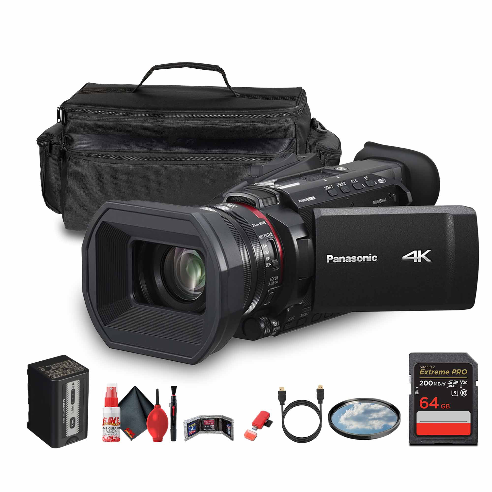 Panasonic HC-X1200 UHD 4K HDMI Lightweight Compact Camcorder with 24x Zoom (HC-X1200) + Case + 64GB Memory Card + Cleaning Kit + HDMI Cable + 62mm UV Filter + Card Wallet + Card Reader