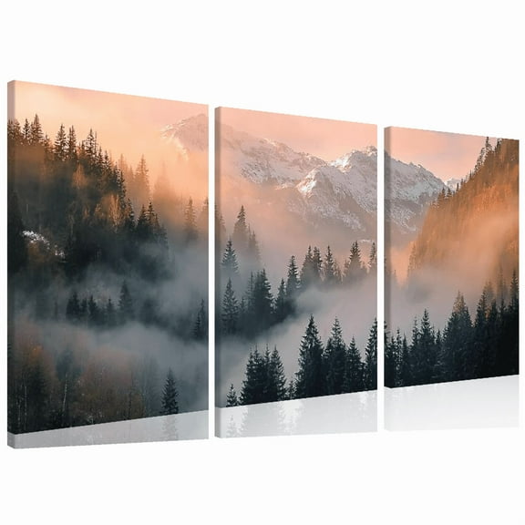 Large Framed Canvas Wall Art - Autumn Winter Seasonal Decor with Golden-Brown Trees Misty Mountains - Natural WoodFrame - Modern Minimalist Landscape Painting for Living Room 12*16inch*3pcs