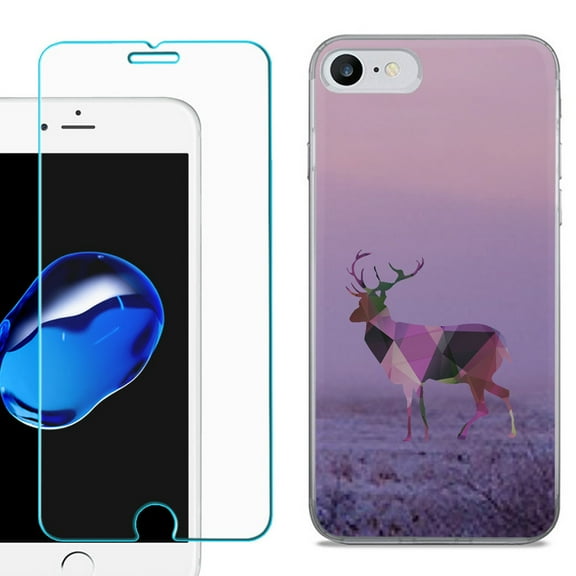 For Apple iPhone SE 2020 Case, Slim-Fit TPU Phone Case, with Tempered Glass Screen Protector, by OneToughShield ® - Deer/Polygon