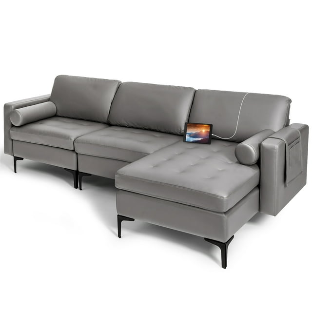 Costway Canapé Sectionnel Modulaire en L avec Méridienne Réversible et 2 Ports USB Gris