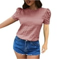 thumbnail image 1 of EQWLJWE Hauts d'Été pour Femmes Hauts pour Femmes Liquidation Mode pour Femmes à Carreaux Col Rond Couleur Unie Manches Bouffantes Manches Courtes Hauts, 1 of 6