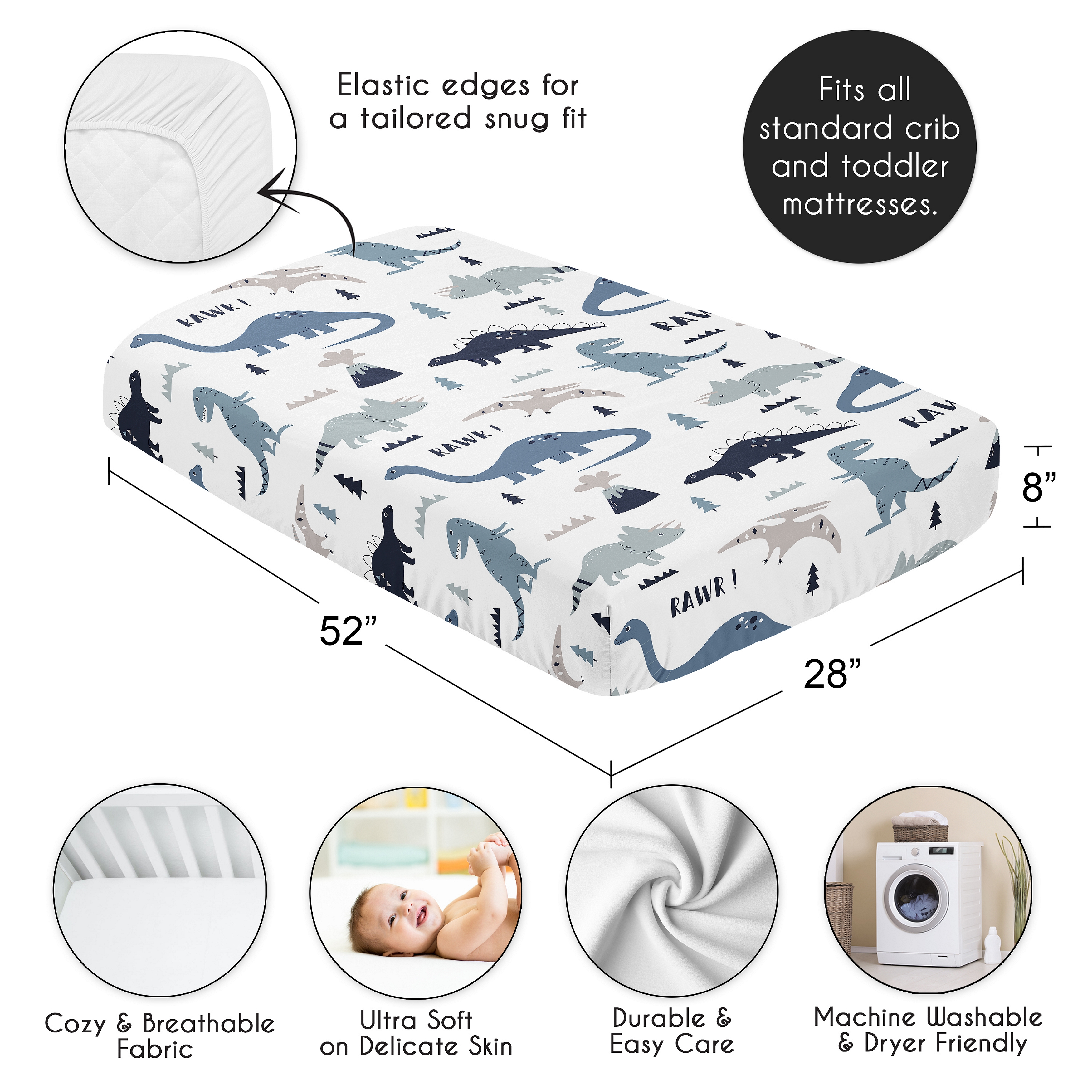 Sweet Jojo Designs Mod Dinosaur Navy Blue and Grey Boy Fitted Crib Sheet