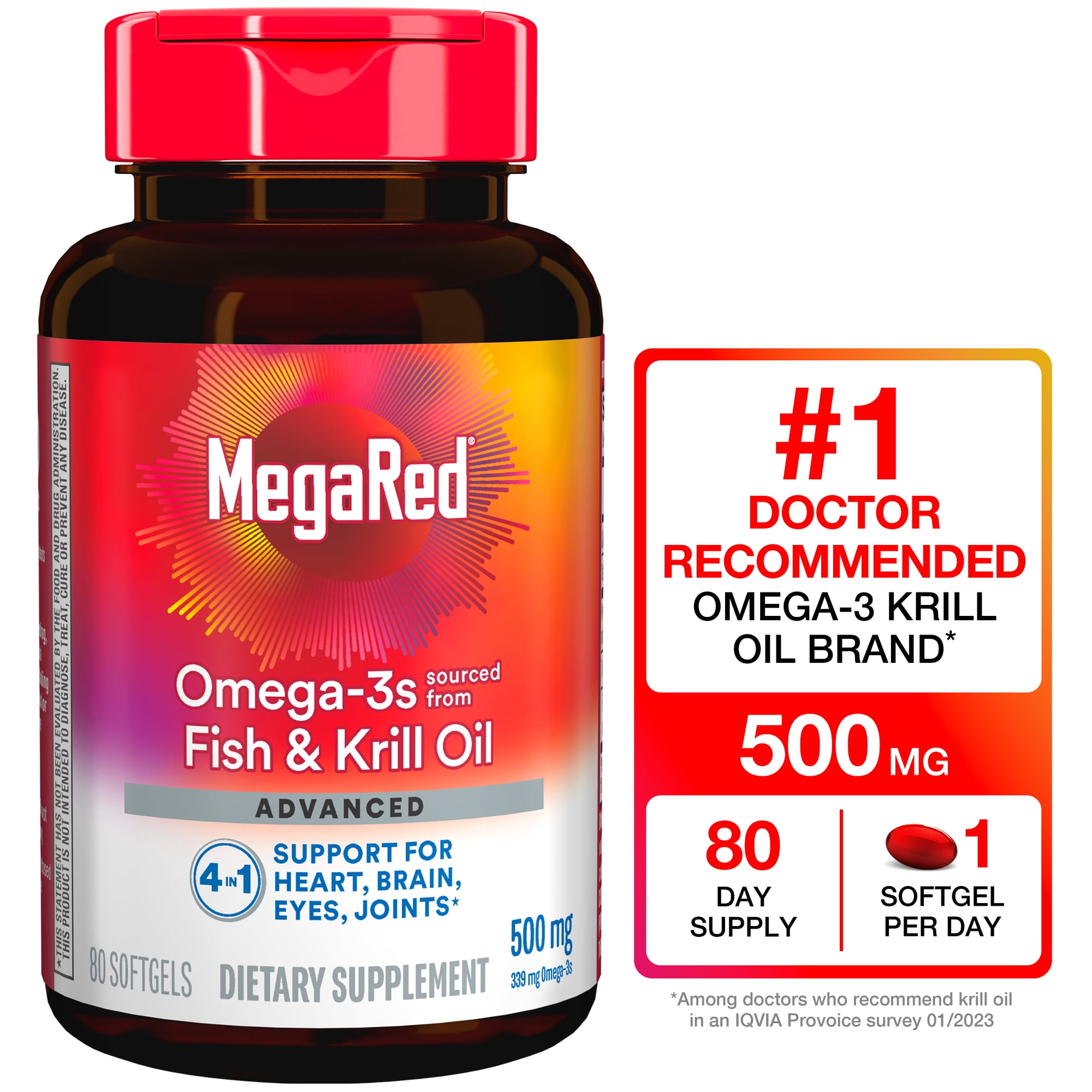 MegaRed Advanced 4in1 500mg Omega-3 Fish Krill Oil Supplements, Heart Brain Eyes Joints Health, 80 Softgels