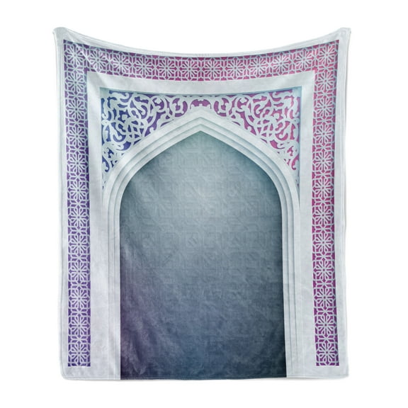Moroccan Soft Flannel Fleece Throw Blanket, Old Fashion Ottoman Arch Door Surrounded by Digital Featured Geometry Motif, Cozy Plush for Indoor and Outdoor Use, 70" x 90", Mauve Grey, by Ambesonne