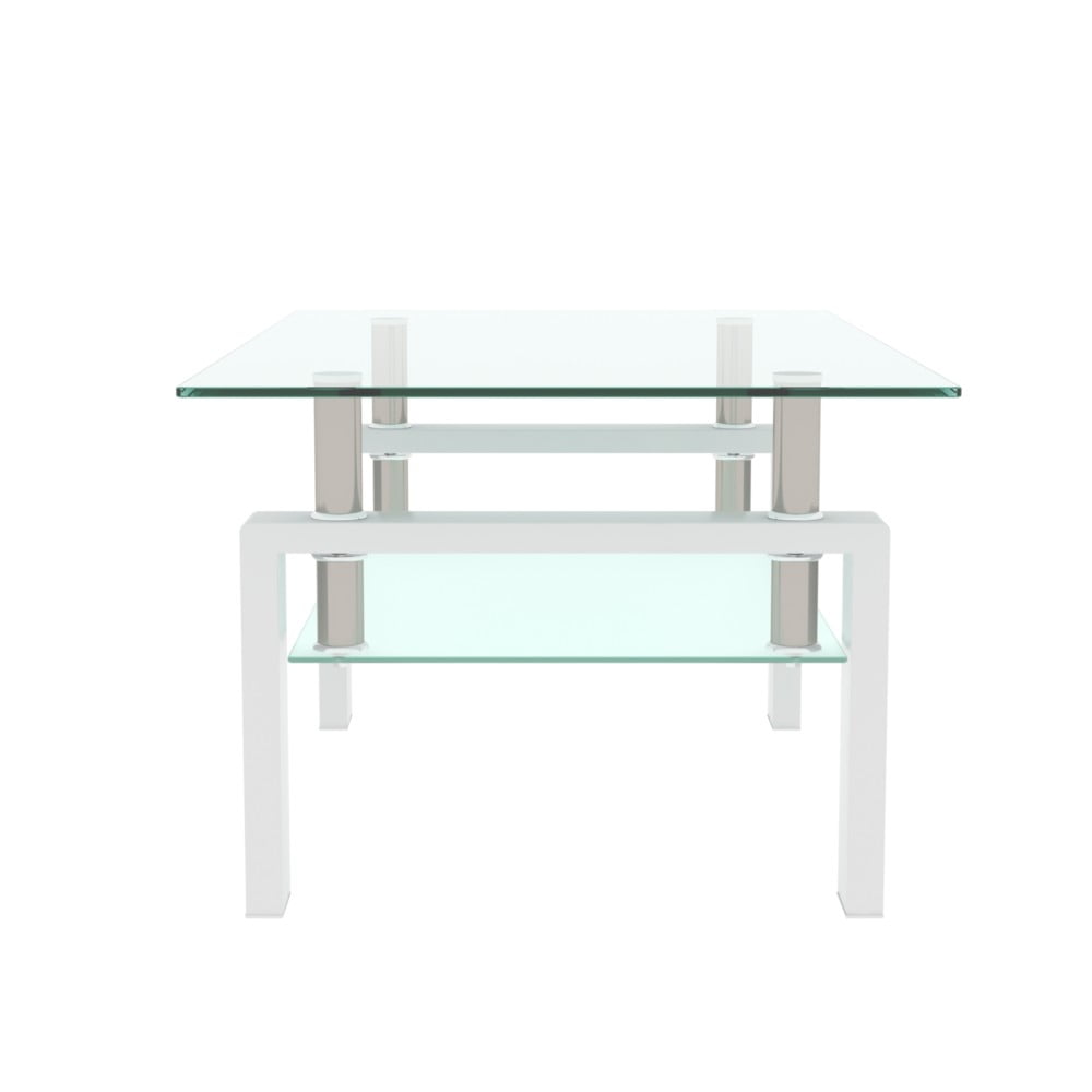 38.6" Rectangle Glass Coffee Table, Clear 2-Tier Center Table with White Iron Frame, Modern Side Table for Living Room, Office, Apartment, 220 lbs Capacity