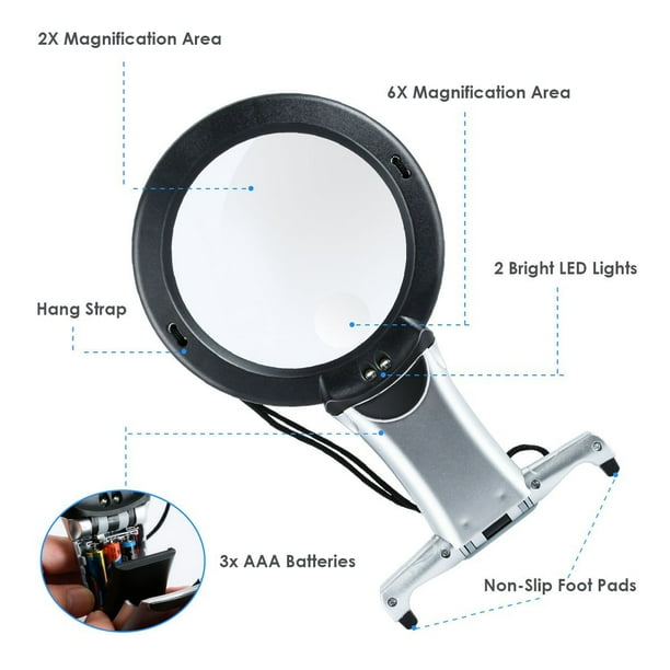 Esynic Power Handheld Reading Magnifying Glass With Light Magnifying Glass 2x 6x Hands Free Stand Reading Magnifier With 2 Led Lights For Reading Small Prints Low Vision Map Coins Inspection Walmart Com