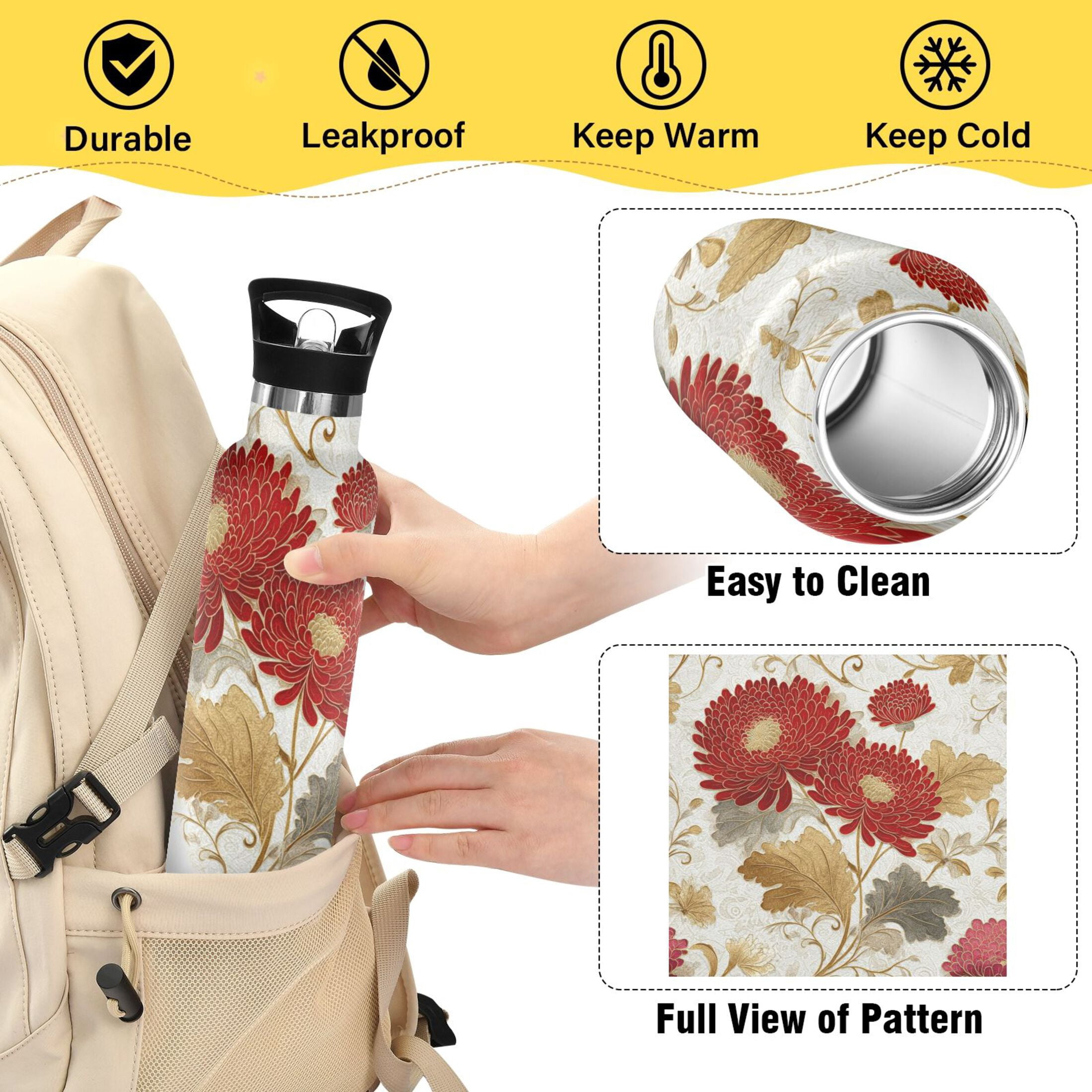 Kids Insulated Stainless Steel Sports Water Bottle 600ml (20oz) Red Chrysanthemum Pattern