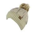 thumbnail image 2 of C.C Soft Quilted Puffer Detachable Faux Fur Pom Inner Lined Cuff Beanie Hat, Taupe, 2 of 4