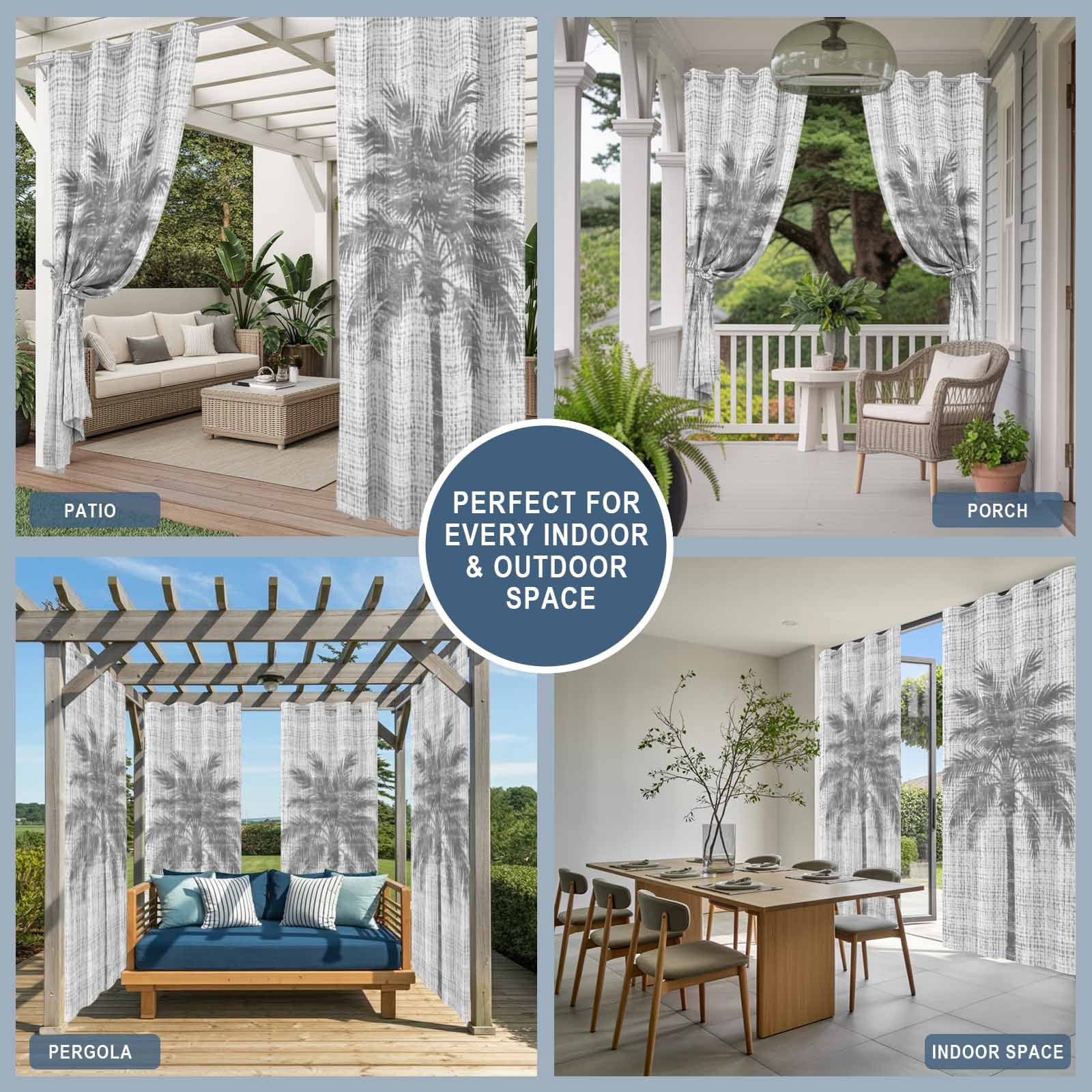 Gray Palm Tree Outdoor Curtains for Patio, Country Linen Texture Tropical Plant Vintage Sunshade Privacy Drapes Grommet Waterproof Outside Curtains for Porch/Cabana/Balcony 54"x 108", 1 Panel