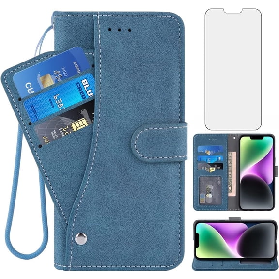 Compatible with iPhone 14 6.1 inch Wallet Case and Tempered Glass Screen Protector Flip Credit Card Holder Stand Shockproof Cell Phone Cover for iPhone14 5G i i-Phone i14 iPhone14case Blue