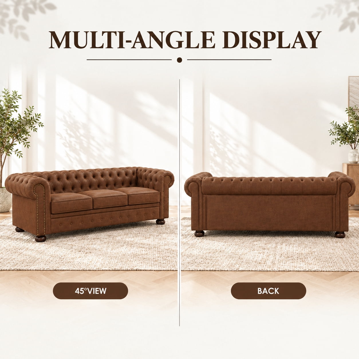 Anpport 81" Rolled Arm Chesterfield Sofa, Faux Leather 3 Seater Couch, Button Tufted, Nailhead Trim & Solid Wood Legs for Living Room & Office, Brown