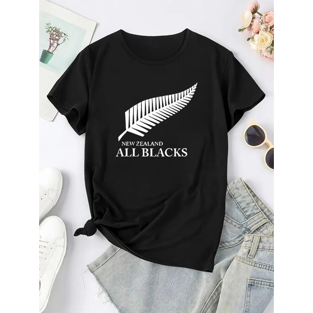 1pc New Zealand All Blacks Graphic Tee, Women'S Polyester-Spandex Blend, Crew Neck, Short Sleeve, Sports Casual T-Shirt, Printed Design, All Seasons